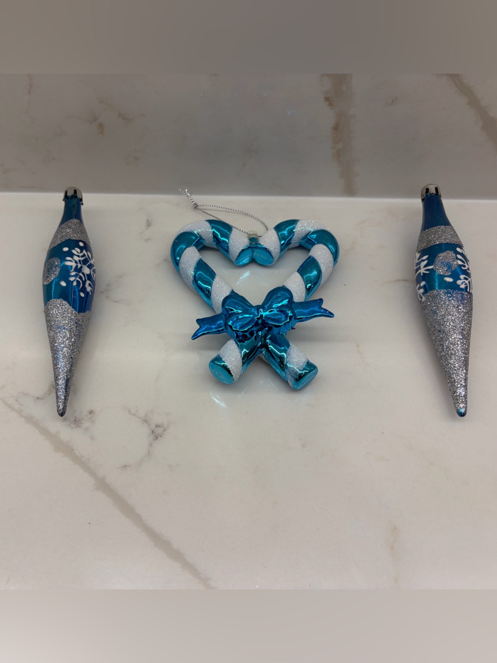 3 Blue Silver White Glitter Vintage Like Ornaments Candy Cane Heart Teardrop